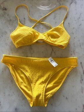 aerie Bright Yellow Textured Bikini Set